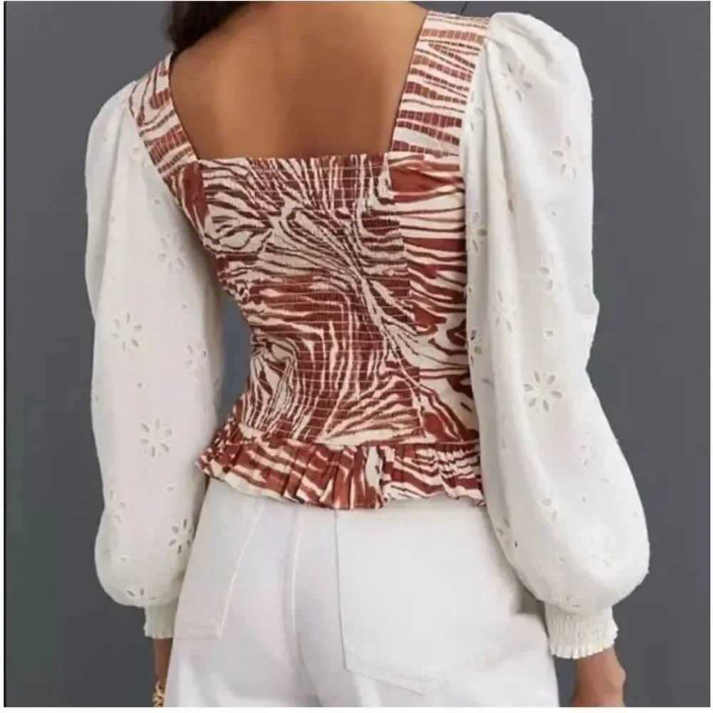 Revolve Anthropologie Love The Label Smocked Puff-Sleeve Brown Zebra Blouse